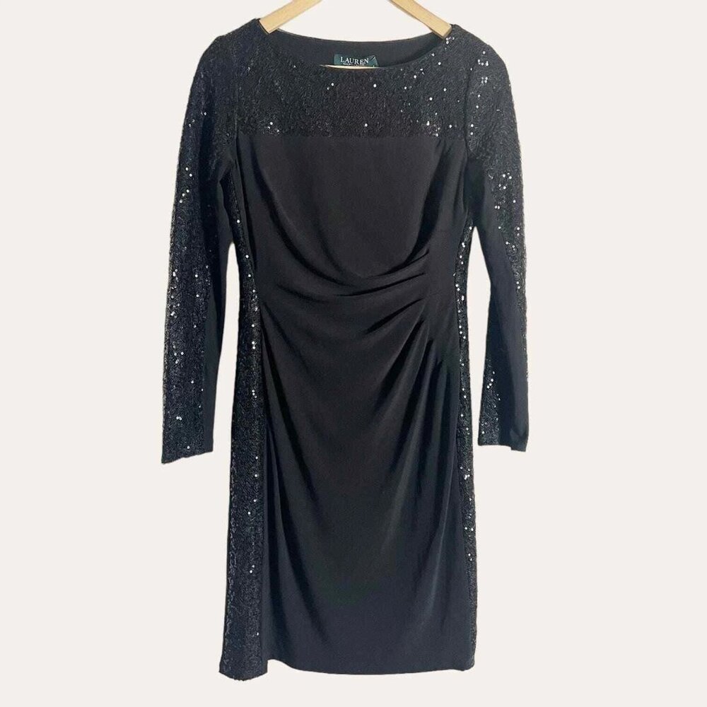 Lauren Ralph Lauren Black Long Sleeve Sequined Ruched Mini Dress Size 8